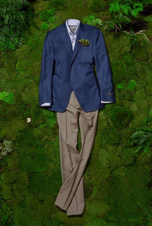 CANALI C-soft fancy plaid sport coat in navy, $1495. Small check dress shirt in lavender, $248. ZANELLA Todd super 110s diagonal solid twill khaki, $325.